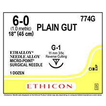 ETHICON Suture, Surgical Gut - Plain, MICROPOINT-Reverse Cutting, G-1, 18", Size 6-0. MFID: 774G