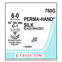 ETHICON Suture, PERMA-HAND, MICROPOINT-Reverse Cutting, G-1 / G-1, 18", Size 6-0. MFID: 780G