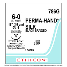 ETHICON Suture, PERMA-HAND, MICROPOINT-Reverse Cutting, G-1, 18", Size 6-0. MFID: 786G