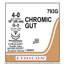 ETHICON Suture, Surgical Gut- Chromic, MICROPOINT-Reverse Cutting, G-3 / G-3, 18", Size 4-0. MFID: 793G