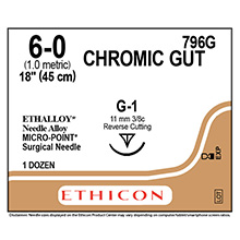 ETHICON Suture, Surgical Gut - Chromic, MICROPOINT-Reverse Cutting, G-1, 18", Size 6-0. MFID: 796G