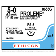 ETHICON Suture, PROLENE, Precision Point - Reverse Cutting, PS-5, 18", Size 5-0. MFID: 8655G