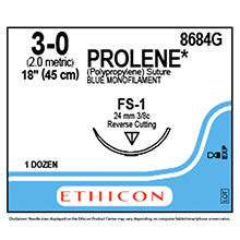 ETHICON Suture, PROLENE, Reverse Cutting, FS-1, 18", Size 3-0. MFID: 8684G