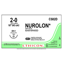 ETHICON Suture, NUROLON, Taper Point, SH-1, 8-18", Size 2-0. MFID: C502D