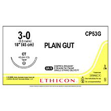 ETHICON Suture, Surgical Gut - Plain, Taper Point, CT, 8-18", Size 3-0. MFID: CP53G