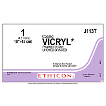 ETHICON Suture, Coated VICRYL, SUTUPAK Pre-Cut Sutures, 6-18", Size 1, 2 dozens. MFID: J113T