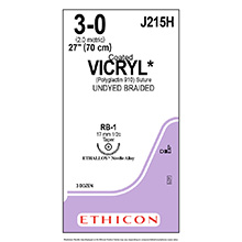 ETHICON Suture, Coated VICRYL, Taper Point, RB-1, 27", Size 3-0. MFID: J215H