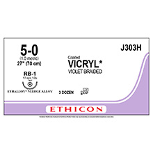 ETHICON Suture, Coated VICRYL, Taper Point, RB-1, 27", Size 5-0. MFID: J303H