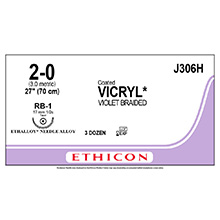 ETHICON Suture, Coated VICRYL, Taper Point, RB-1, 18", Size 2-0. MFID: J306H
