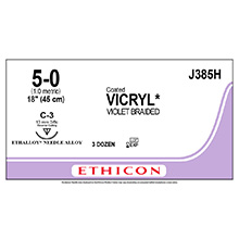 ETHICON Suture, Coated VICRYL, Reverse Cutting, C-3, 18", Size 5-0. MFID: J385H