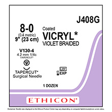 ETHICON Suture, Coated VICRYL, TAPERCUT, V130-4, 9", Size 8-0. MFID: J408G