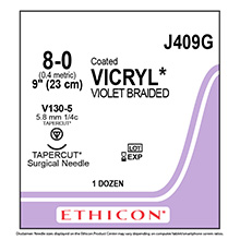 ETHICON Suture, Coated VICRYL, TAPERCUT, V130-5, 9", Size 8-0. MFID: J409G
