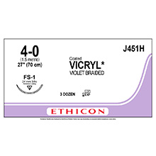ETHICON Suture, Coated VICRYL, Reverse Cutting, FS-1, 27", Size 4-0. MFID: J451H