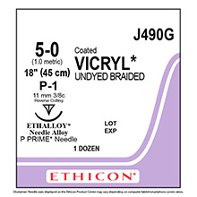 ETHICON Suture, Coated VICRYL, Precision Point - Reverse Cutting, P-1, 18", Size 5-0. MFID: J490G