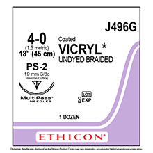 ETHICON Suture, Coated VICRYL, Precision Point - Reverse Cutting, PS-2, 18", Size 4-0. MFID: J496G