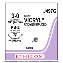 ETHICON Suture, Coated VICRYL, Precision Point - Reverse Cutting, PS-2, 18", Size 3-0. MFID: J497G