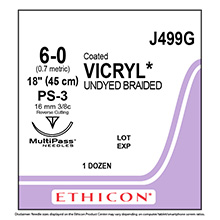 ETHICON Suture, Coated VICRYL, Precision Point - Reverse Cutting, PS-3, 18", Size 6-0. MFID: J499G
