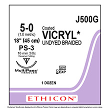 ETHICON Suture, Coated VICRYL, Precision Point - Reverse Cutting, PS-3, 18", Size 5-0. MFID: J500G