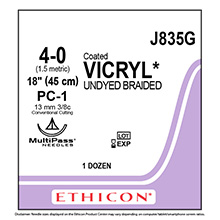 ETHICON Suture, Coated VICRYL, Precision Cosmetic- Conventional Cutting PRIME, PC-1, 18", Size 4-0. MFID: J835G