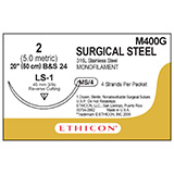 ETHICON Suture, Surgical Stainless Steel, Reverse Cutting, LS-1, 4-20", Size 2. MFID: M400G