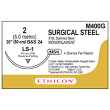 ETHICON Suture, Surgical Stainless Steel, Reverse Cutting, LS-1, 4-20", Size 2. MFID: M400G