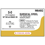 ETHICON Suture, Surgical Stainless Steel, Straight Cutting Needles, KS, 8-16", Size 5-0. MFID: M645G