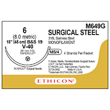 ETHICON Suture, Surgical Stainless Steel, TAPERCUT, V-40, 4-18", Size 6. MFID: M649G