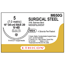 ETHICON Suture, Surgical Stainless Steel, TAPERCUT, V-40, 4-18", Size 5. MFID: M650G