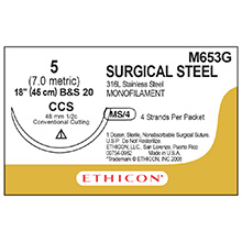 ETHICON Suture, Surgical Stainless Steel, Conventional Cutting - Sternum, CCS, 4-18", Size 5. MFID: M653G