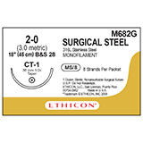 ETHICON Suture, Surgical Stainless Steel, Taper Point, CT-1, 8-18", Size 2-0. MFID: M682G