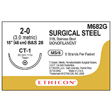 ETHICON Suture, Surgical Stainless Steel, Taper Point, CT-1, 8-18", Size 2-0. MFID: M682G