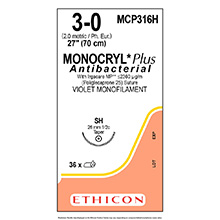 ETHICON Suture, Dental, MONOCRYL Plus, Taper Point, SH, 27", Size 3-0. MFID: MCP316H