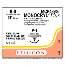 ETHICON Suture, Dental, MONOCRYL Plus, Precision Point - Reverse Cutting, P-1, 18", Size 6-0. MFID: MCP489G