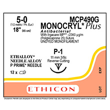 ETHICON Suture, Dental, MONOCRYL Plus, Precision Point - Reverse Cutting, P-1, 18", Size 5-0. MFID: MCP490G