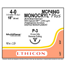 ETHICON Suture, Dental, MONOCRYL Plus, Precision Point - Reverse Cutting, P-3, 18", Size 4-0. MFID: MCP494G