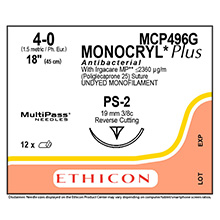 ETHICON Suture, Dental, MONOCRYL Plus, Precision Point - Reverse Cutting, PS-2, 18", Size 4-0. MFID: MCP496G