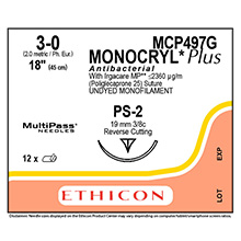 ETHICON Suture, Dental, MONOCRYL Plus, Precision Point - Reverse Cutting, PS-2, 18", Size 3-0. MFID: MCP497G