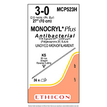 ETHICON Suture, Dental, MONOCRYL Plus, Straight Cutting Needles, KS, 27", Size 3-0. MFID: MCP523H