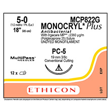 ETHICON Suture, Dental, MONOCRYL Plus, Precision Cosmetic - Conventional Cutting PRIME, PC-5, 18", Size 5-0. MFID: MCP822G