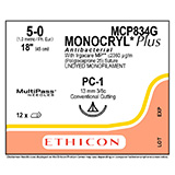 ETHICON Suture, Dental, MONOCRYL Plus, Precision Cosmetic - Conventional Cutting PRIME, PC-1, 18", Size 5-0. MFID: MCP834G