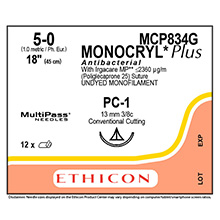 ETHICON Suture, Dental, MONOCRYL Plus, Precision Cosmetic - Conventional Cutting PRIME, PC-1, 18", Size 5-0. MFID: MCP834G