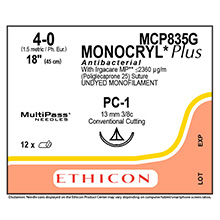 ETHICON Suture, Dental, MONOCRYL Plus, Precision Cosmetic - Conventional Cutting PRIME, PC-1, 18", Size 4-0. MFID: MCP835G