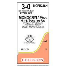 ETHICON Suture, Dental, MONOCRYL Plus, ETHIGUARD - Blunt Point, SHB, 27", Size 3-0. MFID: MCPB316H