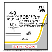 ETHICON Suture, PDS Plus, Endoscopic Needles, ST-4 / ST-4, 14", Size 4-0. MFID: PDP420G