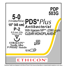 ETHICON Suture, PDS Plus, Precision Point - Reverse Cutting, P-2, 18", Size 5-0. MFID: PDP503G
