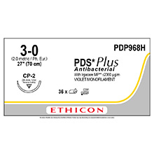 ETHICON Suture, PDS Plus, Reverse Cutting, CP-2, 27", Size 3-0. MFID: PDP968H