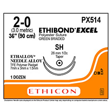 ETHICON Suture, ETHIBOND EXCEL, Size 2-0, 36", Green Braided, Needle SH, Taper Point, 1/2 Circle, 1/4" x 1/8" x 1/16" Firm TFE Polymer Pledgets, 1 dz/bx. MFID: PX514G
