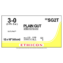 ETHICON Suture, Surgical Gut - Plain, SUTUPAK Pre-Cut Sutures, 12-18", Size 3-0, 2 dozens. MFID: SG2T