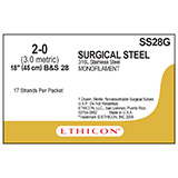 ETHICON Suture, Surgical Stainless Steel, SUTUPAK Pre-Cut Sutures, 17-18", Size 2-0. MFID: SS28G