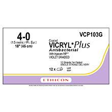 ETHICON Suture, Coated VICRYL Plus, SUTUPAK Pre-Cut Sutures, 12-18", Size 4-0. MFID: VCP103G